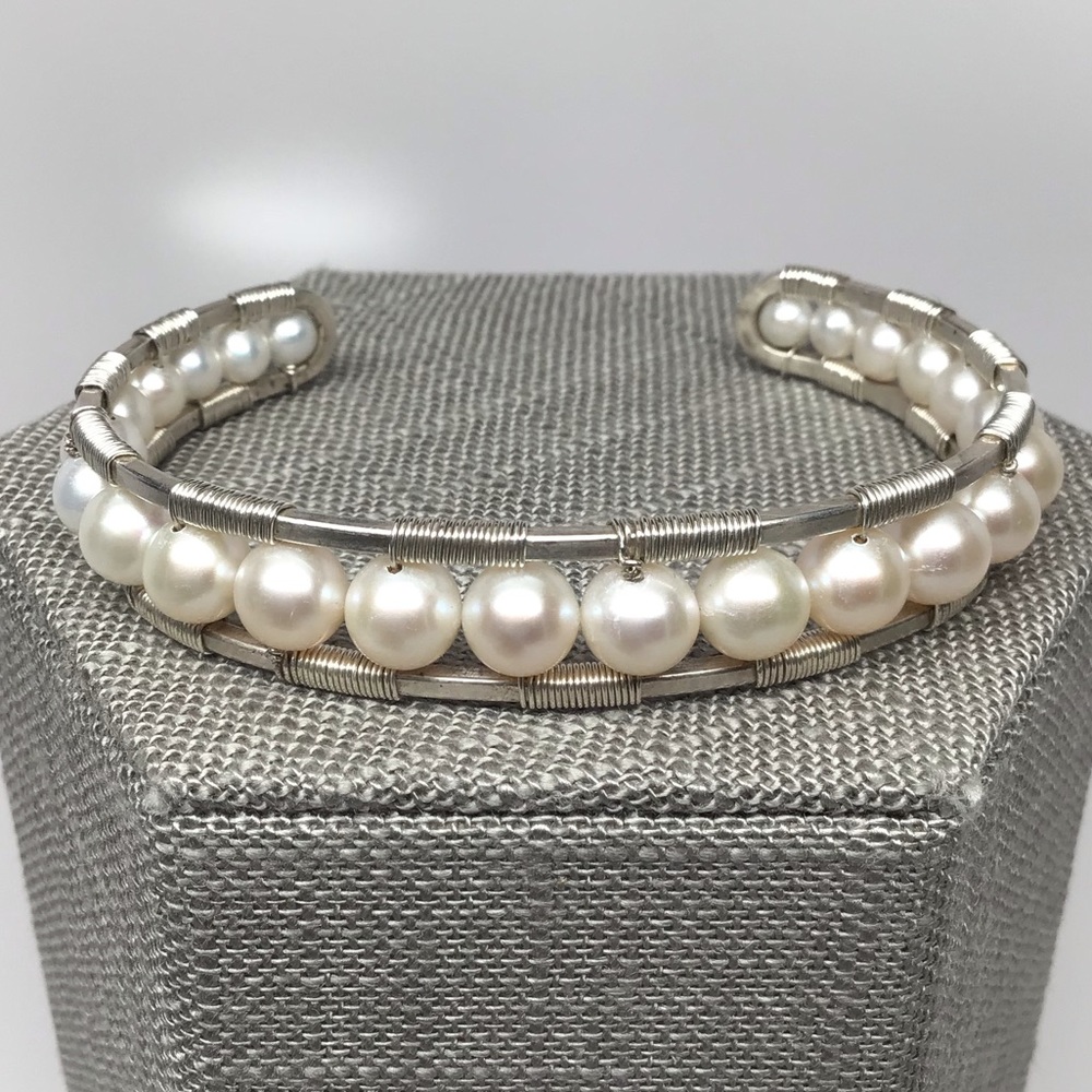 Graduated Pearl Sterling Silver Cuff Bracelet